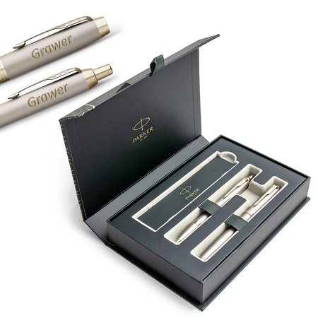 Zestaw Parker IM Monochrome Champagne – Pióro Wieczne (F) + Długopis z Grawerem w Eleganckim Pudełku