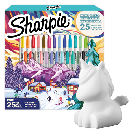 Markery permanentne Sharpie Fine mix kolorów 25 szt. EDYCJA SPECJALNA ŚWIĘTA 2025 + Skarbonka Jednorożec